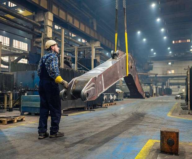 Heavy steel component lifted in a factory hall