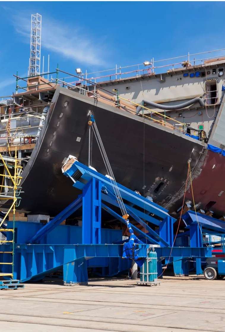 Steel ship section in a shipyard